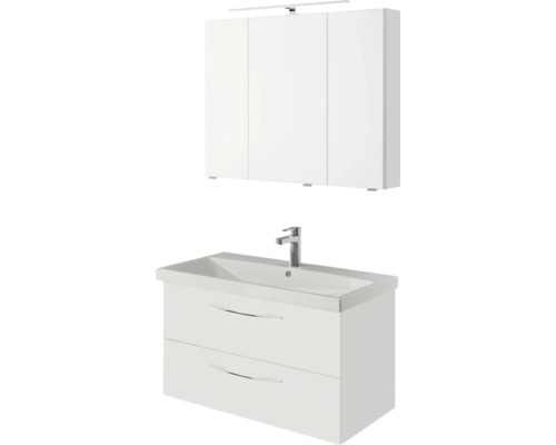 Meuble sous-vasque avec deux tiroirs et armoire de toilette avec trois portes dans la salle de bains