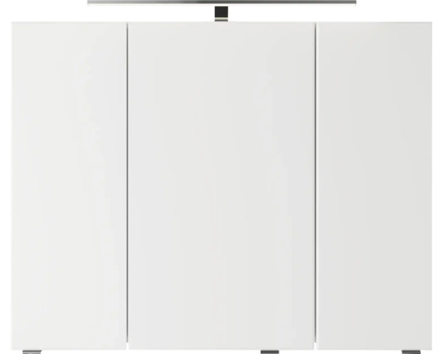 Vue de face d''un meuble bas de salle de bains avec trois portes et une lampe