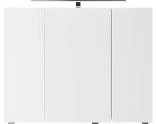 Meuble de salle de bains blanc avec trois portes et éclairage