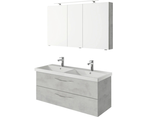 Meuble-lavabo avec deux vasques, deux tiroirs et armoire de toilette avec trois portes