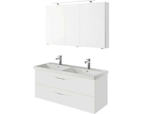 Meuble sous-vasque blanc avec double vasque et armoire de toilette avec éclairage pour la salle de bain.