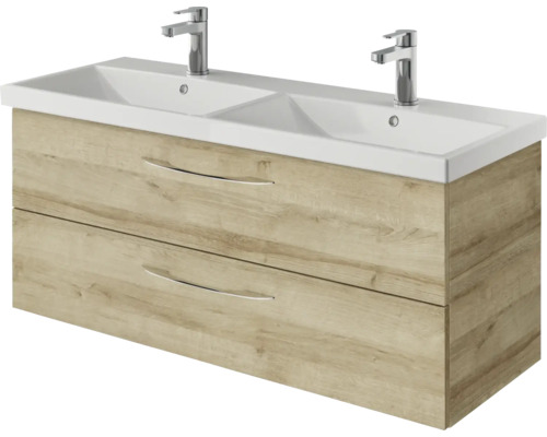 Meuble sous-vasque avec deux lavabos et deux tiroirs en décor bois