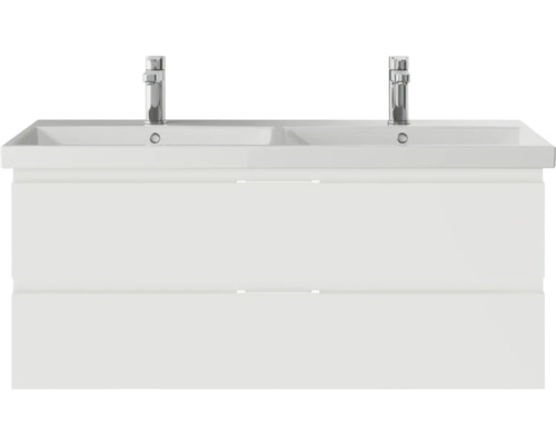 Meuble sous-vasque avec deux lavabos et deux robinets