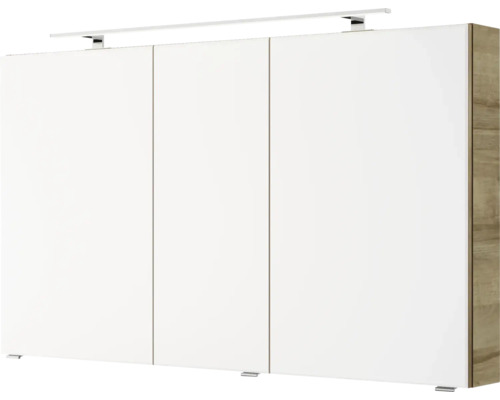 Kleiderschrank mit drei Türen, weissen Fronten und seitlichen Holzdekor