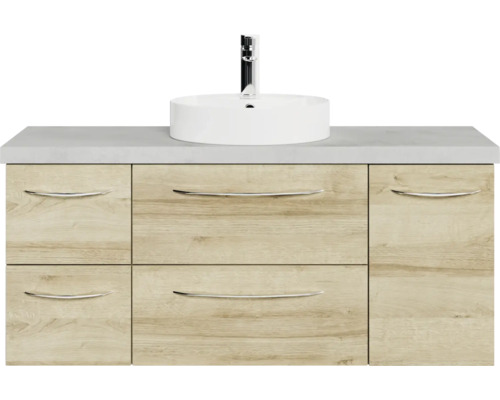 Meuble-lavabo avec vasque à poser, meuble bas avec tiroirs et poignées