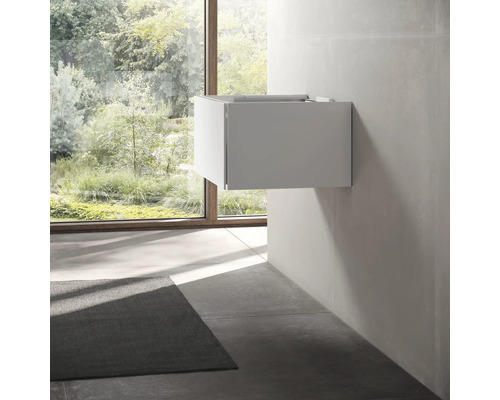 Meuble sous-lavabo dans une salle de bains moderne avec fenêtre et tapis