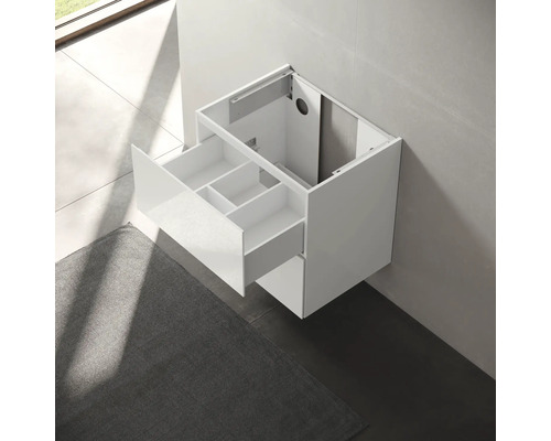 Meuble sous-lavabo blanc avec tiroir ouvert pour l''aménagement de la salle de bains