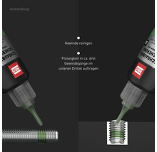 Anwendung von Schraubensicherung: Gewinde reinigen und Flüssigkeit auf die Gewindegänge auftragen.