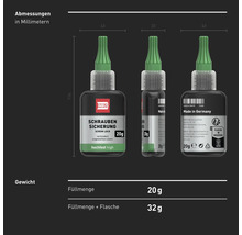 Inbus Schraubensicherung hochfest 20 Gramm, Abmessungen und Gewicht