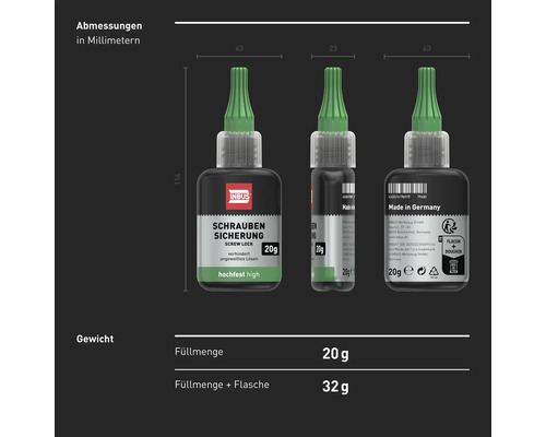 Inbus Schraubensicherung hochfest 20 Gramm, Abmessungen und Gewicht