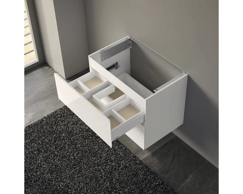 Meuble sous-lavabo blanc avec tiroir et compartiments pour l''aménagement de la salle de bains