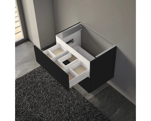 Meuble sous-lavabo noir ouvert avec tiroirs