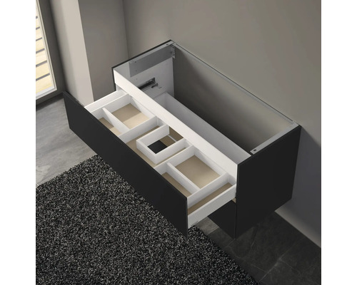 Meuble sous-vasque noir ouvert avec tiroir et compartiments pour rangement de salle de bain