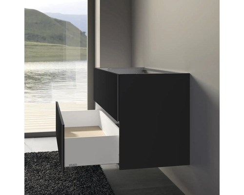 Meuble sous-lavabo avec tiroir ouvert pour salle de bain