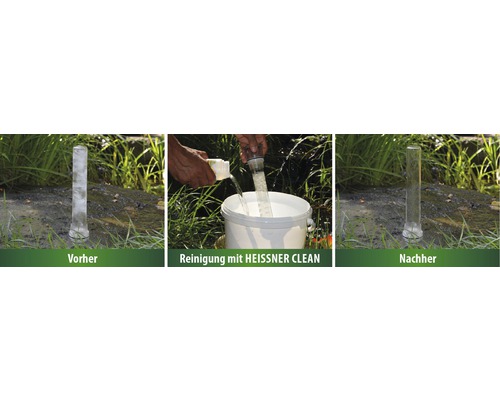 Vorher-Nachher-Ansicht eines Reinigungsgeräts für Gartenteiche mit HEISSNER CLEAN