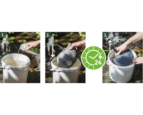 Illustration einer Teichfilterreinigung in drei Schritten: Zugabe einer Reinigungslösung, Einweichen und anschliessendes Herausnehmen des Filters