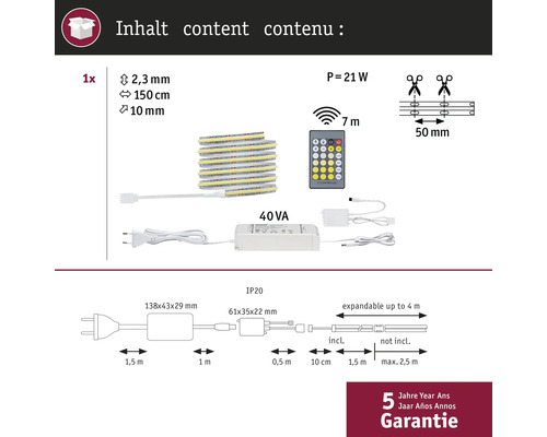 Inhalt des LED Streifen Sets mit technischen Details und Garantieinformationen