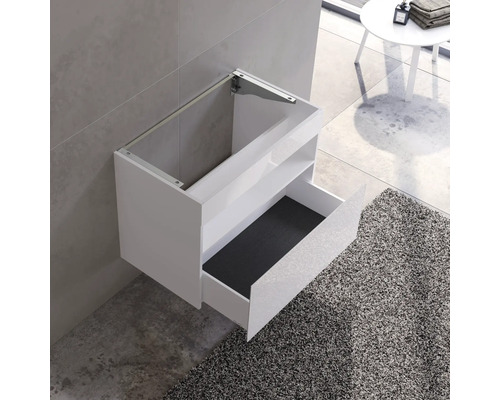 Weisser Waschtisch zur Wandmontage mit offener Schublade und Ablage