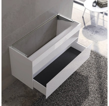 Weisser Waschtischunterschrank mit Schublade in einem modernen Badezimmer.