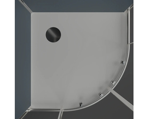 Cabine de douche vue de dessus avec drain et coin arrondi