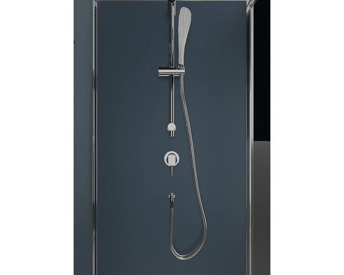 Robinet de douche avec douchette à main et régulateur sur une paroi de douche