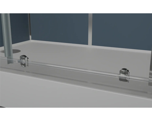 Detailansicht einer Duschkabine mit Schiebetür und Befestigungselementen