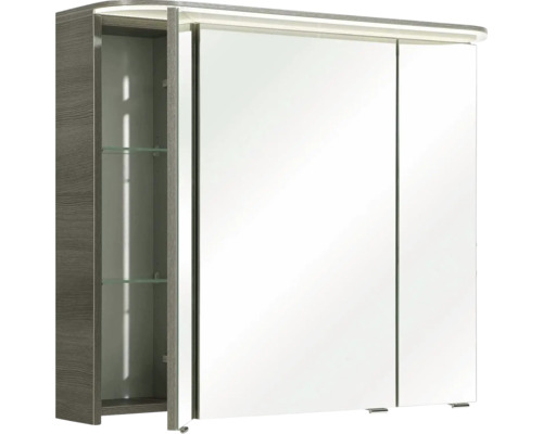 Spiegelschrank mit einer offenen Tür, Glasablagen und Beleuchtung