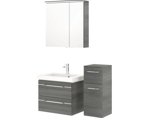 Badezimmerset mit Waschtischunterschrank, Waschbecken, Spiegelschrank und Hochschrank