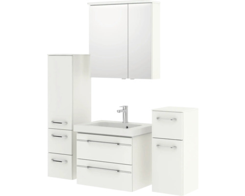 Ensemble de salle de bains avec lavabo, meuble sous-lavabo, armoire de toilette et armoires hautes