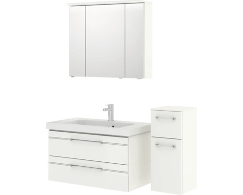Badezimmerset mit Waschtischunterschrank, Waschbecken, Spiegelschrank und Hochschrank