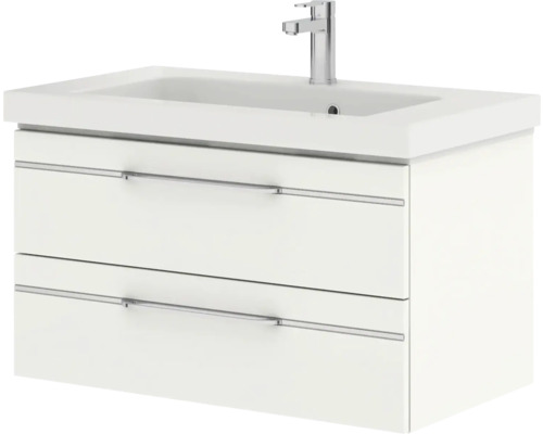 Weisser Waschtischunterschrank mit zwei Schubladen und Aufsatzwaschbecken inklusive Armatur