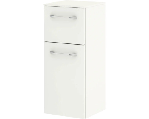 Weisser Bad-Hängeschrank mit zwei Schubladen und silbernen Griffen