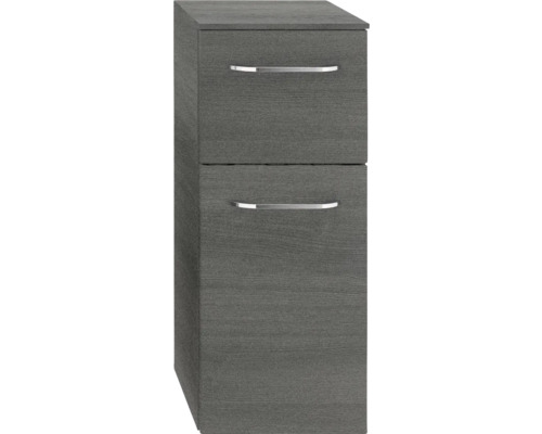 Grauer Badezimmer-Unterschrank mit zwei Schubladen und Griffen