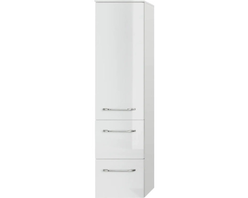 Armoire haute blanche avec trois tiroirs et poignées