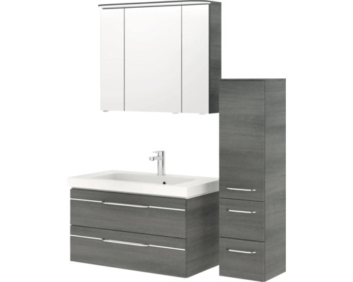 Badezimmermöbelset mit Waschbecken, Unterschrank, Spiegelschrank und Hochschrank