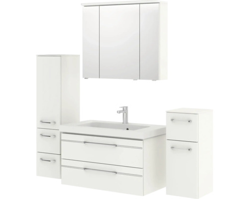Ensemble de salle de bains avec meuble sous-lavabo, lavabo, armoire de toilette et deux armoires latérales
