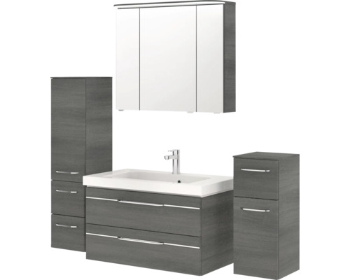 Badezimmerset mit Waschtischunterschrank, Waschbecken, Spiegelschrank und Hochschränken