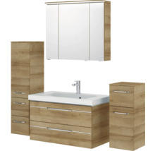 Ensemble de salle de bains avec meuble sous-lavabo, lavabo, armoire de toilette et deux armoires hautes