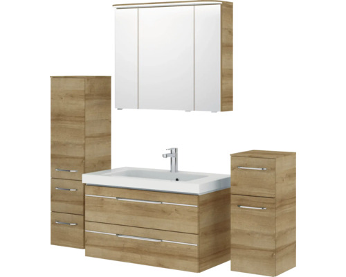Ensemble de salle de bains avec meuble sous-lavabo, lavabo, armoire de toilette et deux armoires hautes