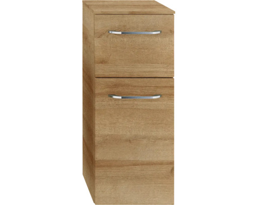 Armoire haute de salle de bains couleur bois avec deux tiroirs et poignées