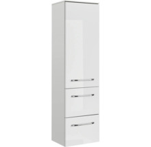 Armoire haute de salle de bain blanche avec trois tiroirs et poignées