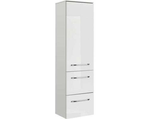 Armoire haute de salle de bain blanche avec trois tiroirs et poignées