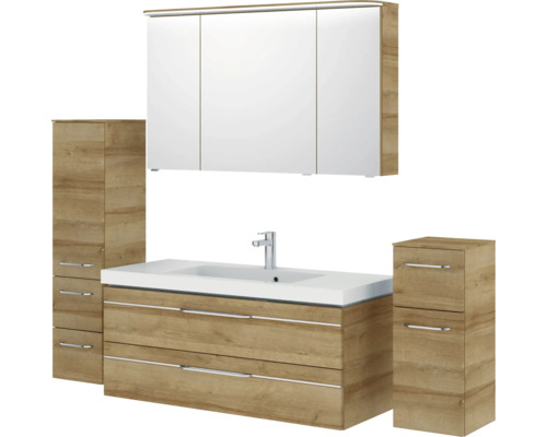 Ensemble de salle de bains avec meuble sous-lavabo, lavabo, armoire de toilette et deux armoires latérales