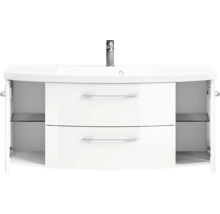 Meuble sous-lavabo avec lavabo, deux tiroirs et compartiments ouverts