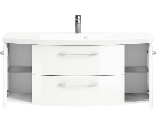 Meuble sous-lavabo avec lavabo, deux tiroirs et compartiments ouverts