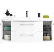 Meuble-lavabo blanc avec deux tiroirs et espace de rangement ouvert pour les accessoires de salle de bains