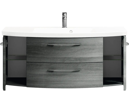 Meuble-lavabo avec lavabo, deux tiroirs et deux compartiments d''armoire ouverts