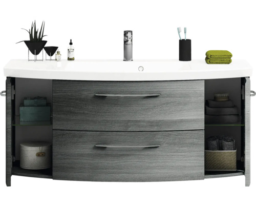 Meuble sous-vasque avec lavabo, deux tiroirs et espace de rangement ouvert