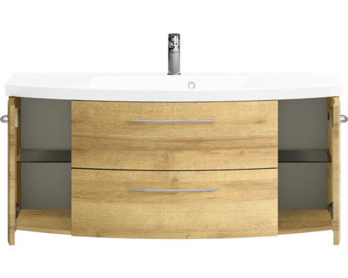 Meuble sous-vasque avec deux tiroirs, lavabo et portes d''armoire ouvertes