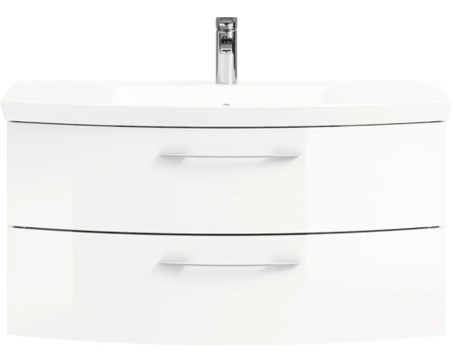 Meuble sous-lavabo blanc avec deux tiroirs et robinet